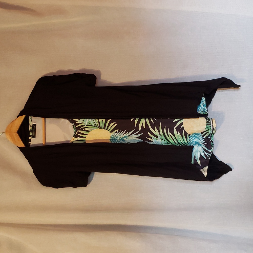 Ambience Apparel black short sleeve cardigan ruched sleeve asymmetrical hem